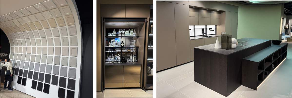 een raster met drie foto's waarop kaderfronten, een bar verborgen achter een blum revego systeem en een voorbeeldkeuken staan